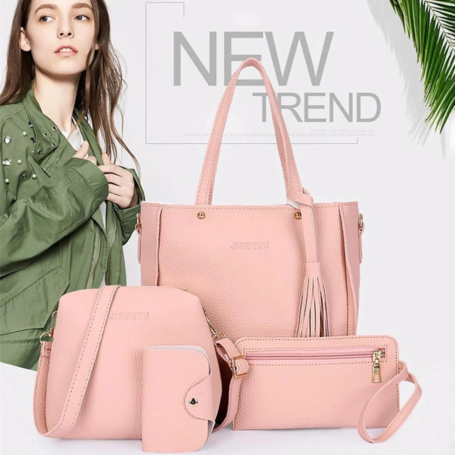 4 Pcs Bags Set for Women, Tassel Shoulder Bags Pu Leather Tote Handbag Crossbody Bag&Wristlet Purse Top Handle Small Bags