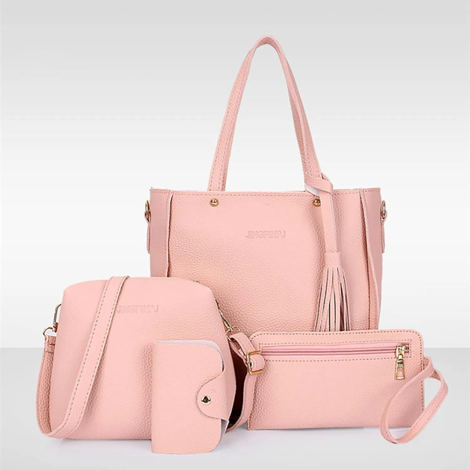 4 Pcs Bags Set for Women, Tassel Shoulder Bags Pu Leather Tote Handbag Crossbody Bag&Wristlet Purse Top Handle Small Bags
