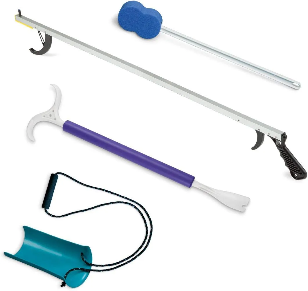 4-Piece Norco Hip Kit for Total Hip Replacement, Knee Recovery. Post Surgery Dressing Assist Tools - 32" Grabber Reacher Tool, Dressing Pal Stick, Molded Sock Aid, Long Handle Shoe Horn, Bath Sponge