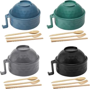 4 Sets Microwave Ramen Cooker Set 33 oz Quick Ramen Bowl Set Microwave Noodle Cooker with Handle Noodle Bowl with Spoon Chopsticks Fork College Dorm Room(Elegant Colors)