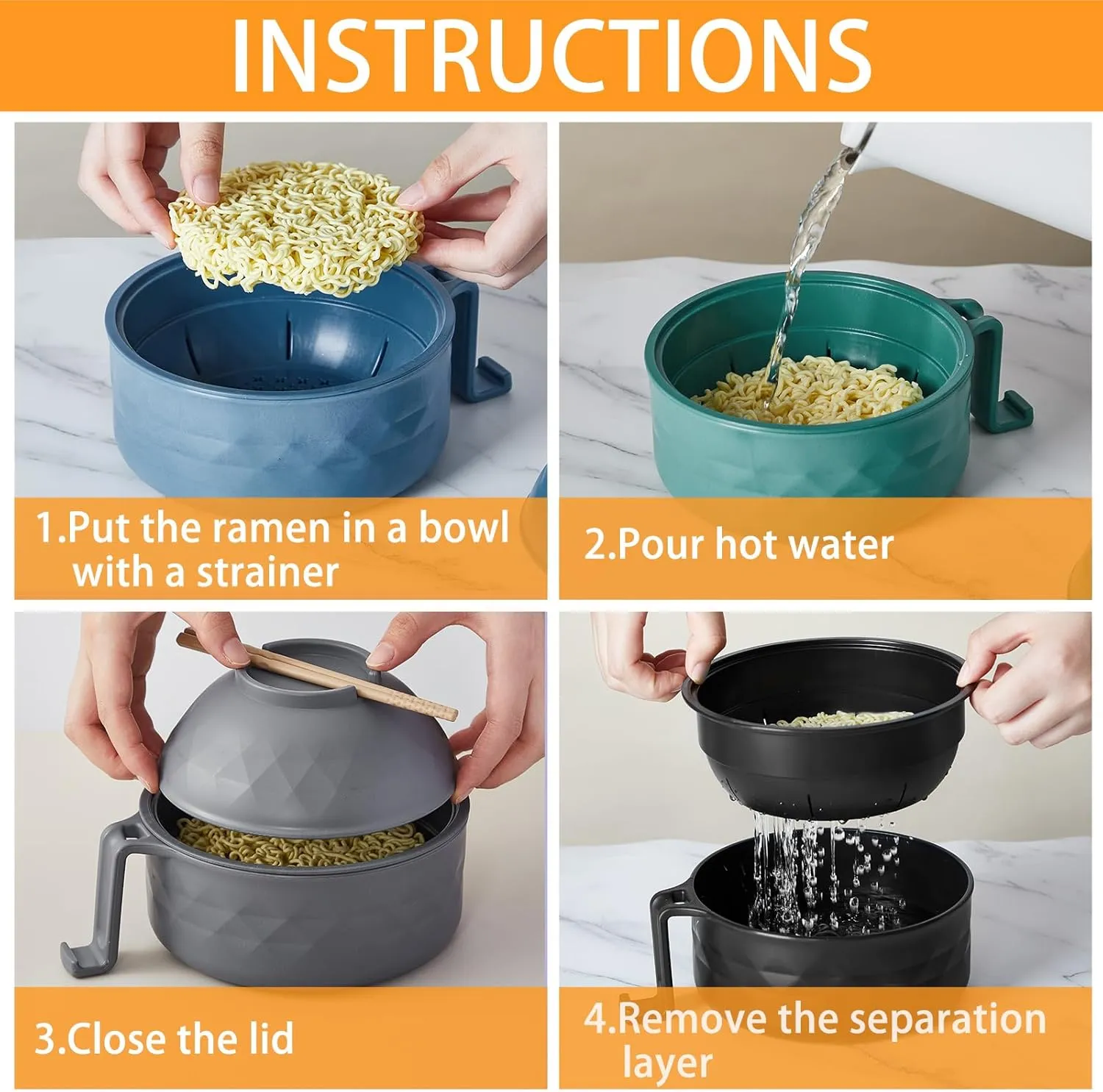 4 Sets Microwave Ramen Cooker Set 33 oz Quick Ramen Bowl Set Microwave Noodle Cooker with Handle Noodle Bowl with Spoon Chopsticks Fork College Dorm Room(Elegant Colors)