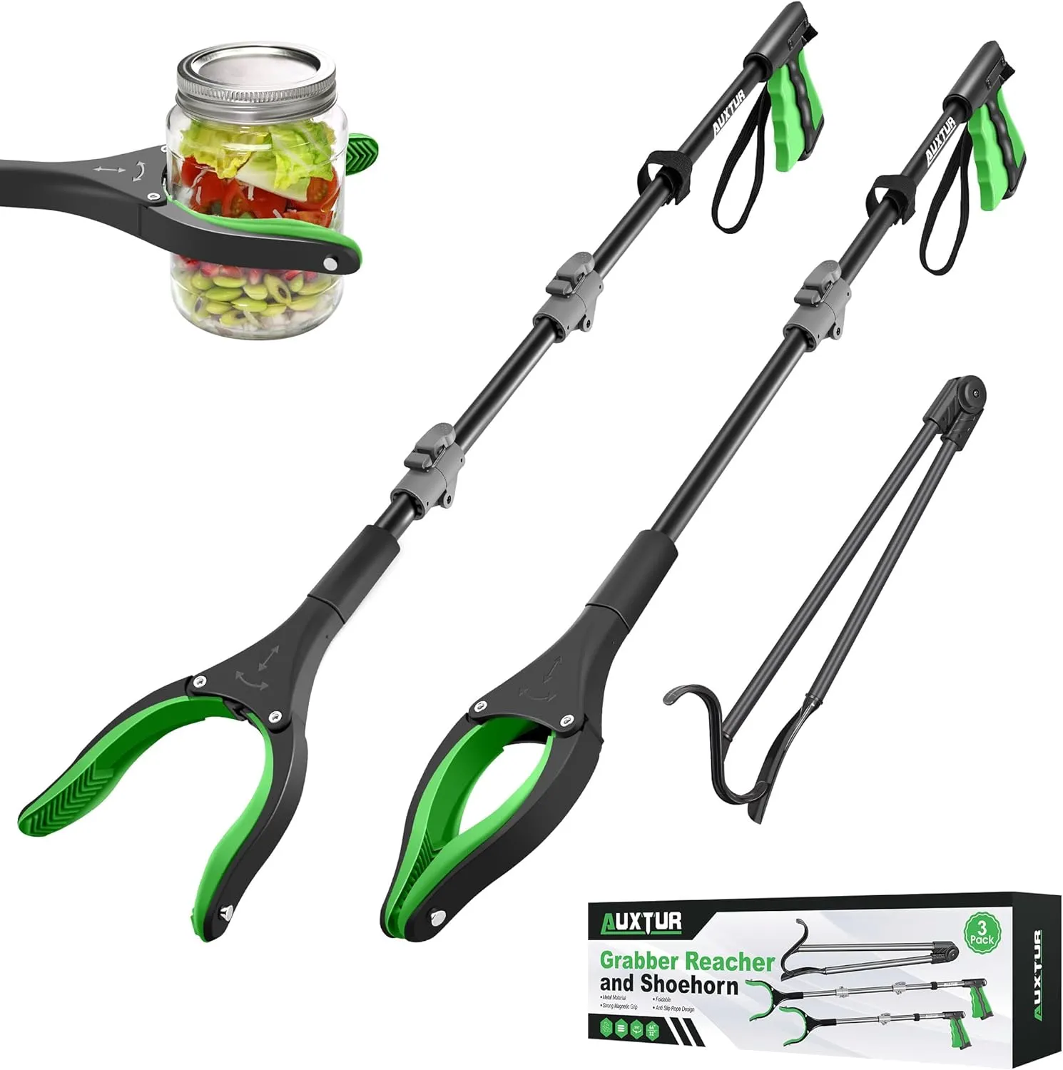 44"Grabber Tool and 32"Long Handled Shoe Horn, 3pack Grabber Reacher Tool Set with 360 Rotating Head,Extra Long for Easy Pickup - Trash Grabber Tool(Green)