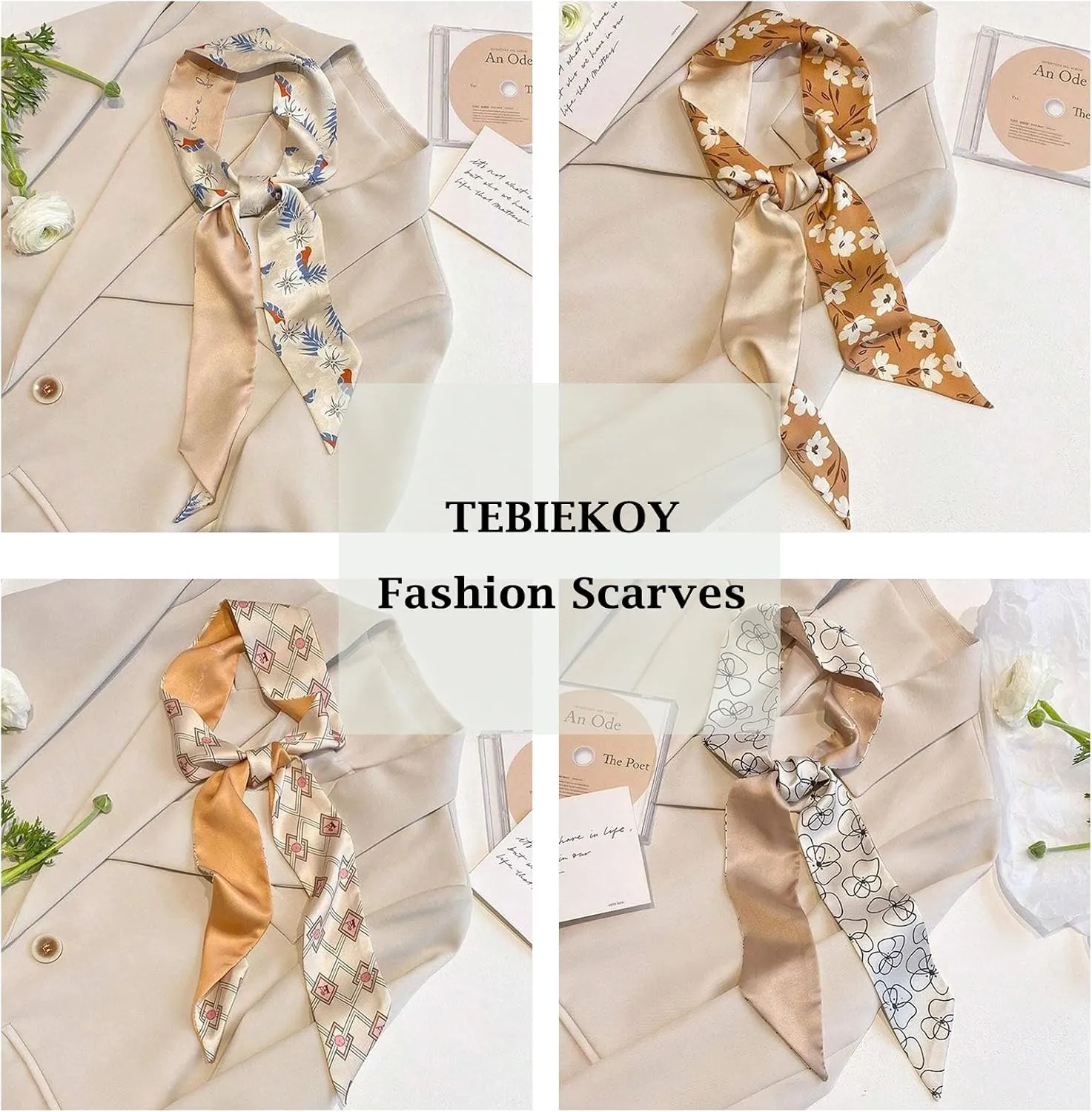 4Pcs Fashion Scarves for Women, Multifunctional Boho Scarves Headbands Satin Scarf for Bag Hair Accessories
