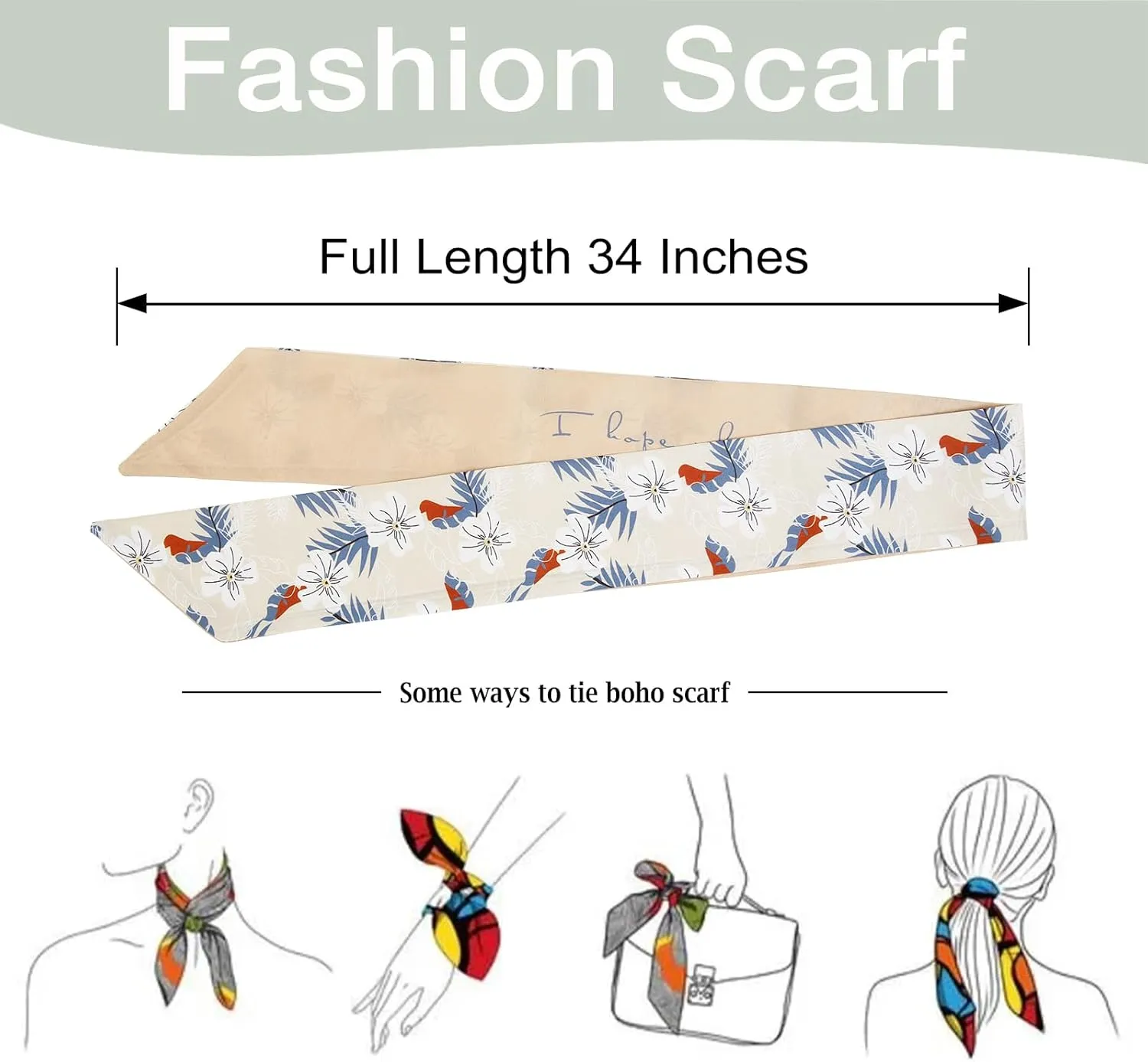 4Pcs Fashion Scarves for Women, Multifunctional Boho Scarves Headbands Satin Scarf for Bag Hair Accessories