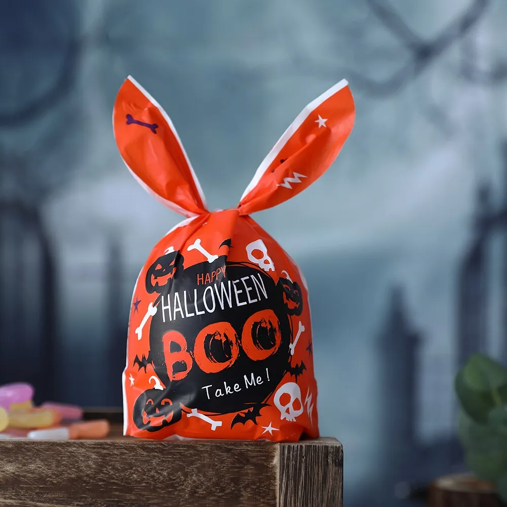 50Pcs Halloween Clear Plastic Candy Bags Pumpkin Skull Gift Packaging Bag Trick Or Treat Halloween Decor Printed Gift Bags 2023