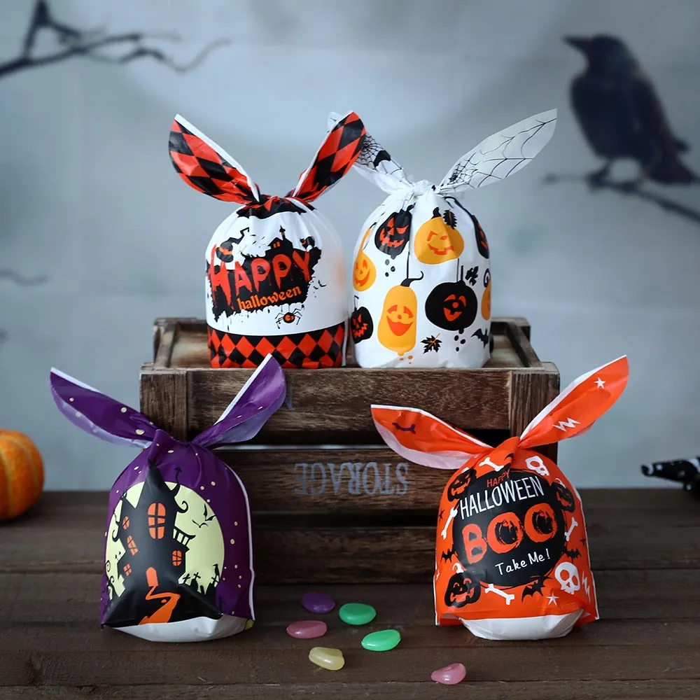 50Pcs Halloween Clear Plastic Candy Bags Pumpkin Skull Gift Packaging Bag Trick Or Treat Halloween Decor Printed Gift Bags 2023