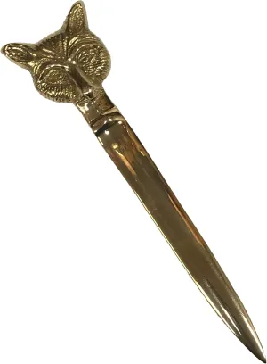 6-1/4" Solid Polished Brass Fox Head Letter Opener, Antique Reproduction