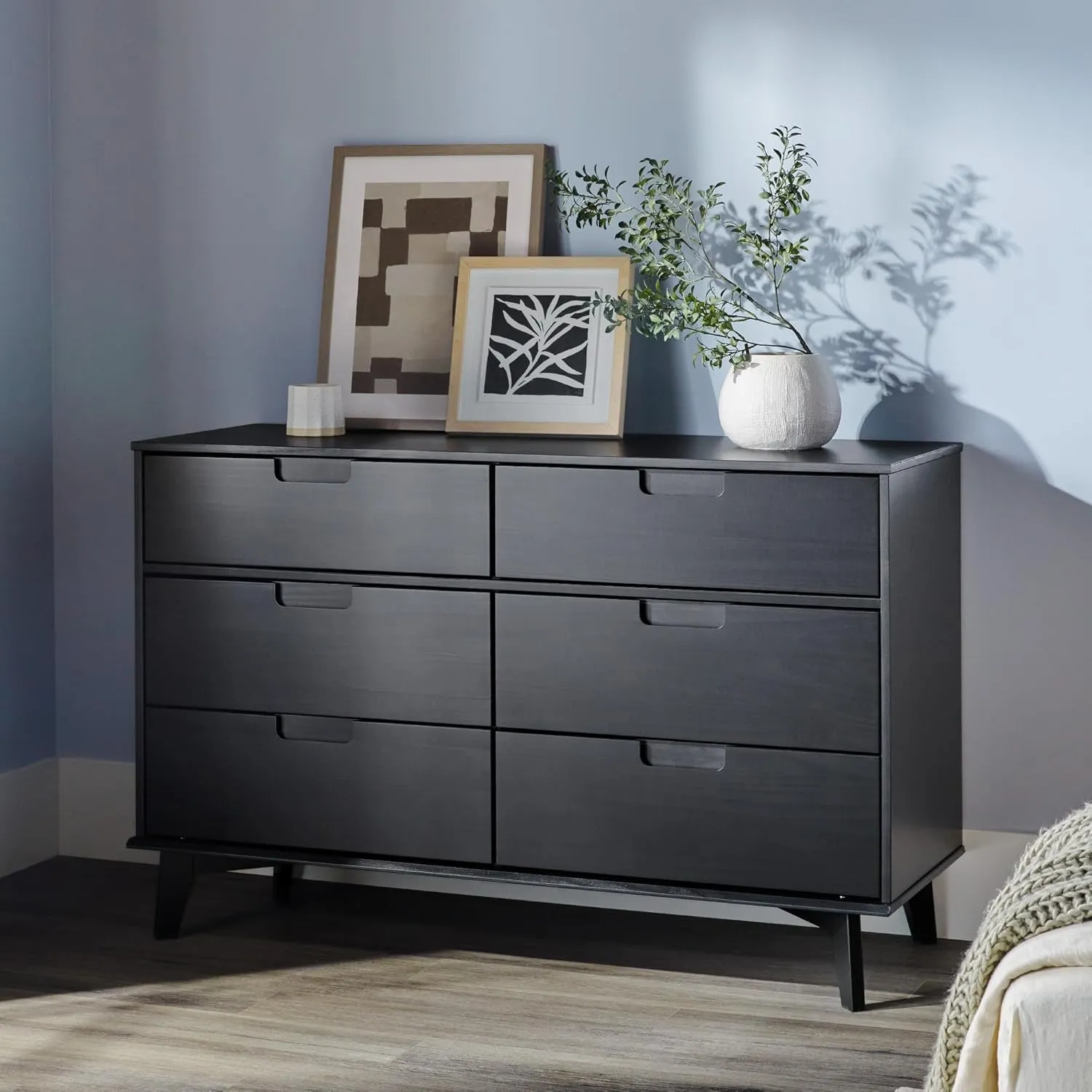 6-Drawer Groove Handle Solid Wood Dresser - Black