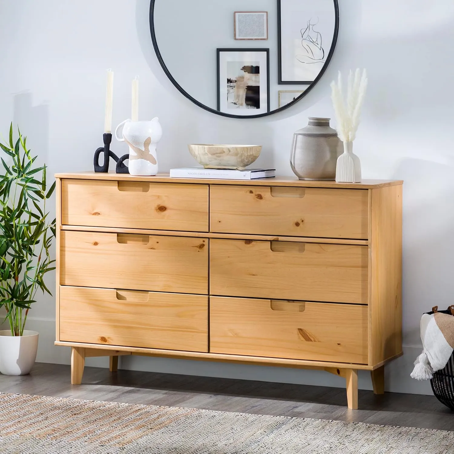 6-Drawer Groove Handle Solid Wood Dresser - Natural Pine