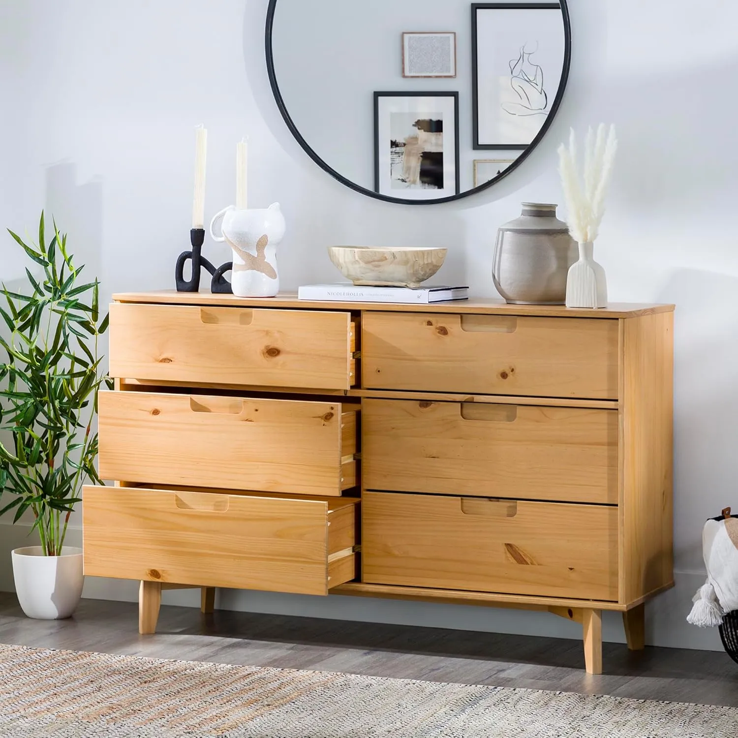 6-Drawer Groove Handle Solid Wood Dresser - Natural Pine