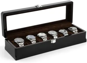 6-Slot Wooden Watch Display Case with Glass Lid, Glossy Lacquered Finish, Elegant Watch Organizer for Men, for Father’S Day, Christmas
