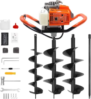 72CC Auger Post Hole Digger, 2 Stroke Gas Powered Earth Post Hole Digger with 2 Auger Drill Bits(6" & 8")   1 Extension Rods for Farm Garden Plant, Orange (72CC)