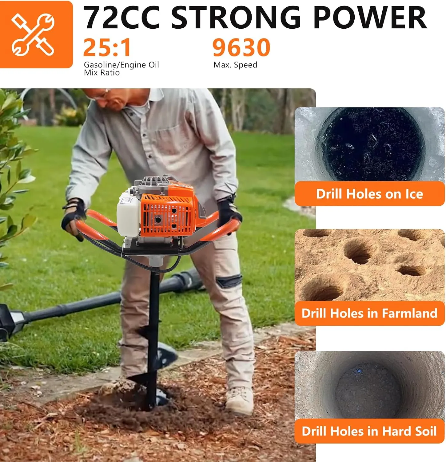 72CC Auger Post Hole Digger, 2 Stroke Gas Powered Earth Post Hole Digger with 2 Auger Drill Bits(6" & 8")   1 Extension Rods for Farm Garden Plant, Orange (72CC)