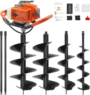 72CC Auger Post Hole Digger, 2 Stroke Gas Powered Earth Post Hole Digger with 3 Auger Drill Bits(4" & 6" & 12")   2 Extension Rods for Farm Garden Plant, Orange (72cc 3 Auger(4"6"12") 2 Ext)