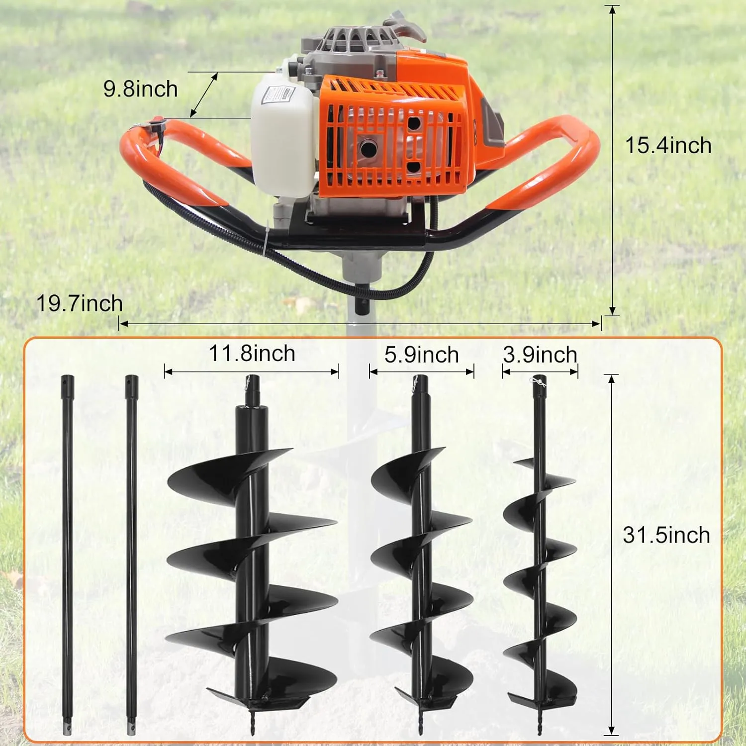 72CC Auger Post Hole Digger, 2 Stroke Gas Powered Earth Post Hole Digger with 3 Auger Drill Bits(4" & 6" & 12")   2 Extension Rods for Farm Garden Plant, Orange (72cc 3 Auger(4"6"12") 2 Ext)