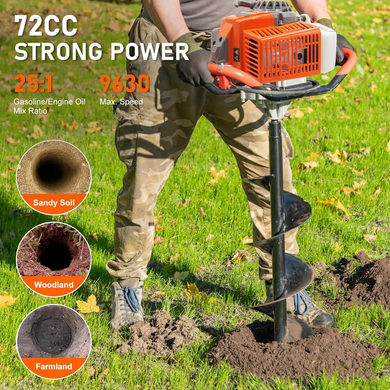 72CC Auger Post Hole Digger, 2 Stroke Gas Powered Earth Post Hole Digger with 3 Auger Drill Bits(4" & 6" & 12")   2 Extension Rods for Farm Garden Plant, Orange (72cc 3 Auger(4"6"12") 2 Ext)