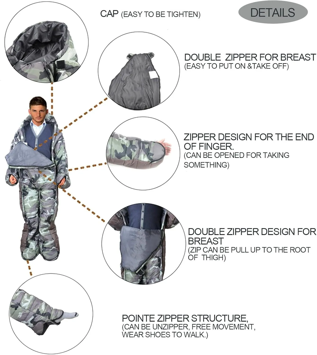72" Large Wearable Human Sleeping Bag Zipped Foot Opening Design Free Size Ultralight Hoodie Quilted Warm Thermal Coat for Adults Winter or Outdoor 4 Season Camping
