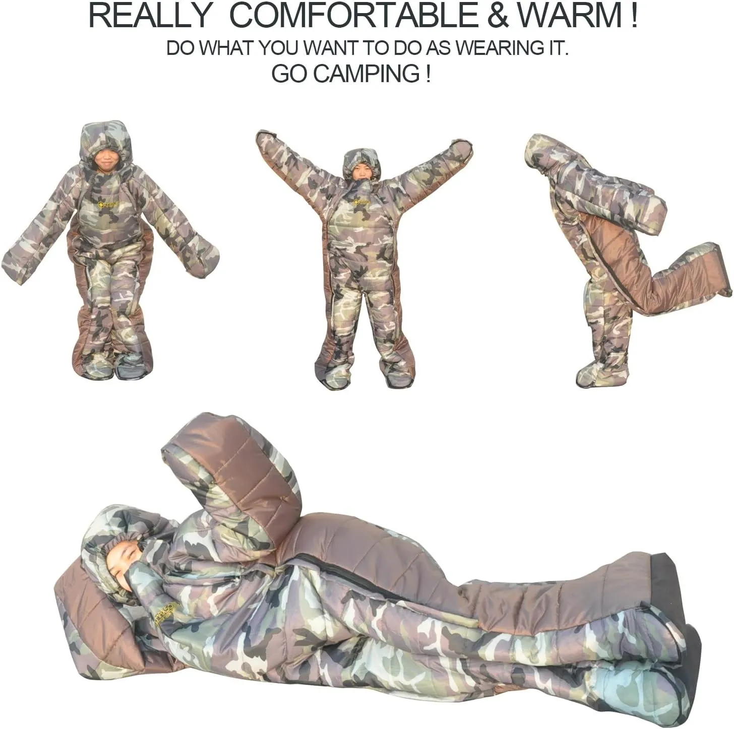72" Large Wearable Human Sleeping Bag Zipped Foot Opening Design Free Size Ultralight Hoodie Quilted Warm Thermal Coat for Adults Winter or Outdoor 4 Season Camping