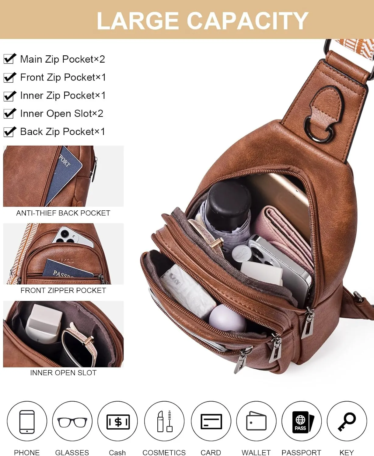 7L Sling Bag Crossbody Bags for Women Fanny Packs Purses Cross Body Bag for Woman Small backpack Travel Shoulder Bag handbags