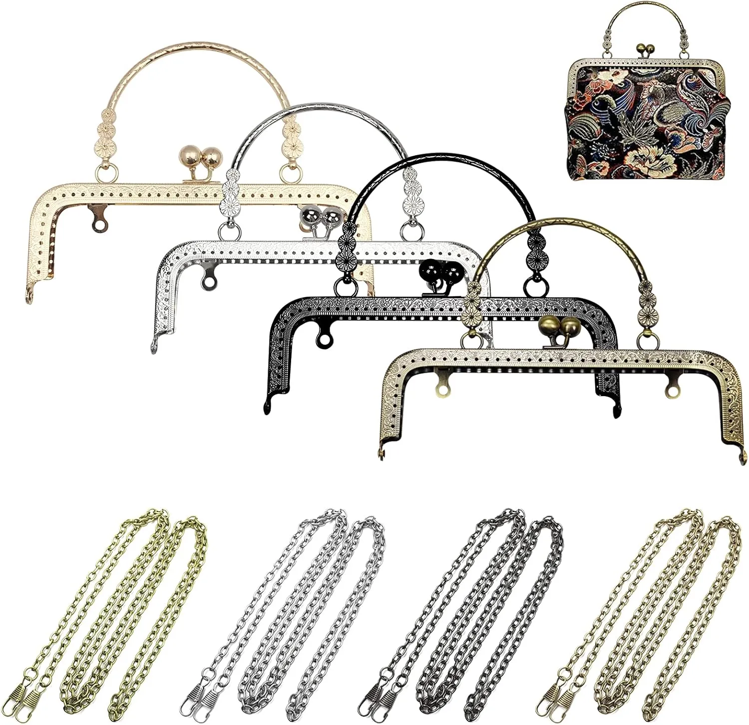 8pcs Purse Making Metal Frame with 47 inch Replacement Chain - Handled Coin Bag Frame Kiss Clasp Lock Sewing DIY Craft - Mixed Color (7.87 x 2.6 inch)