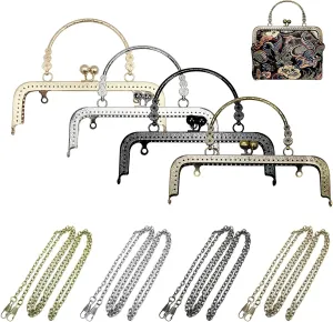 8pcs Purse Making Metal Frame with 47 inch Replacement Chain - Handled Coin Bag Frame Kiss Clasp Lock Sewing DIY Craft - Mixed Color (7.87 x 2.6 inch)