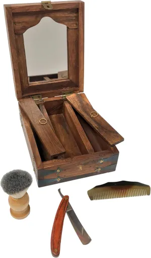 8" Colonial Traveling Teak and Mango Wood Shaving Box including Teak Wood-Handled Straight Edge Razor and Soft Bristle Shaving Foam Brush with Pine Contoured Handle (COMB NOT INCLUDED)