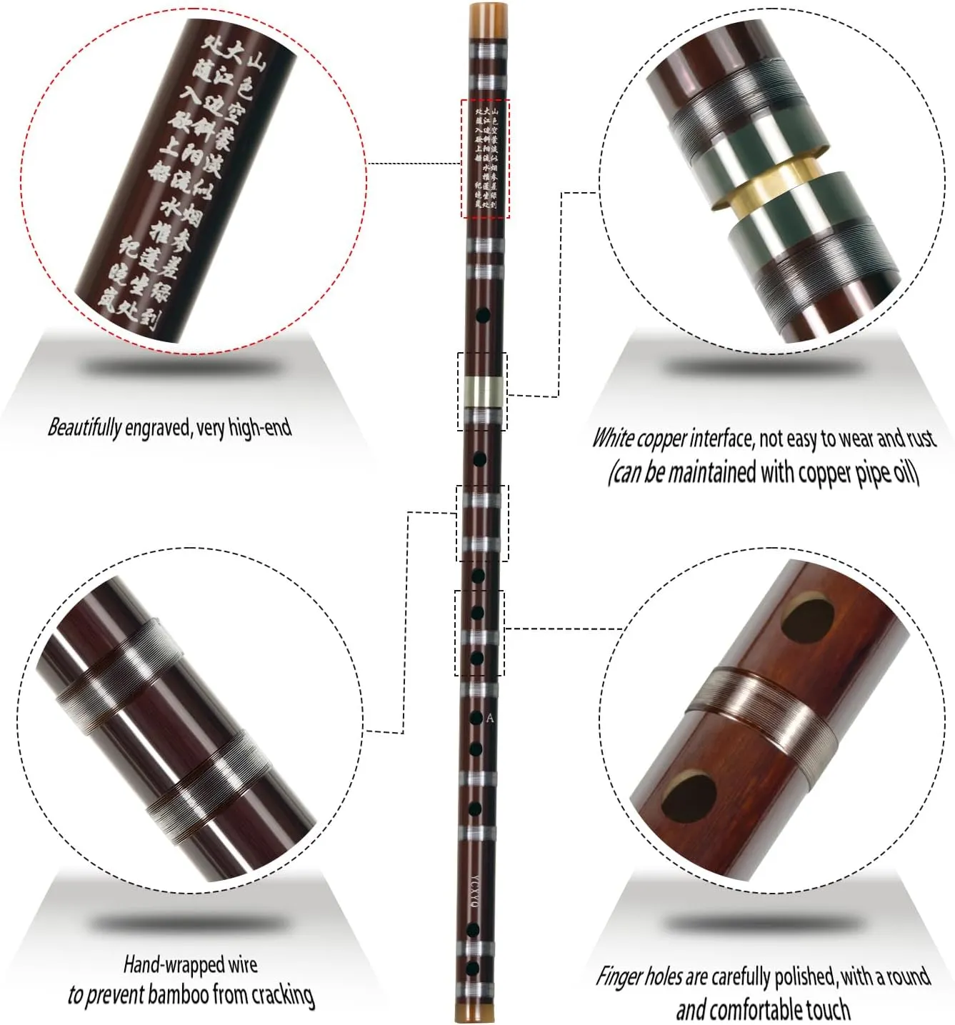 A Key - Bamboo Flute Professional Bitter Bamboo Dizi Handmade Traditional Chinese Musical Instrument Suitable for Beginners