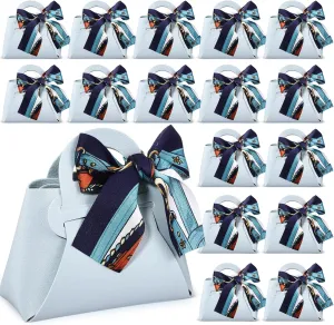 Abbylike 18 Pcs PU Leather Wedding Candy Bags with Ribbon Handle Purse Party Favor Bags for Wedding Baby Showers Birthday (Blue)