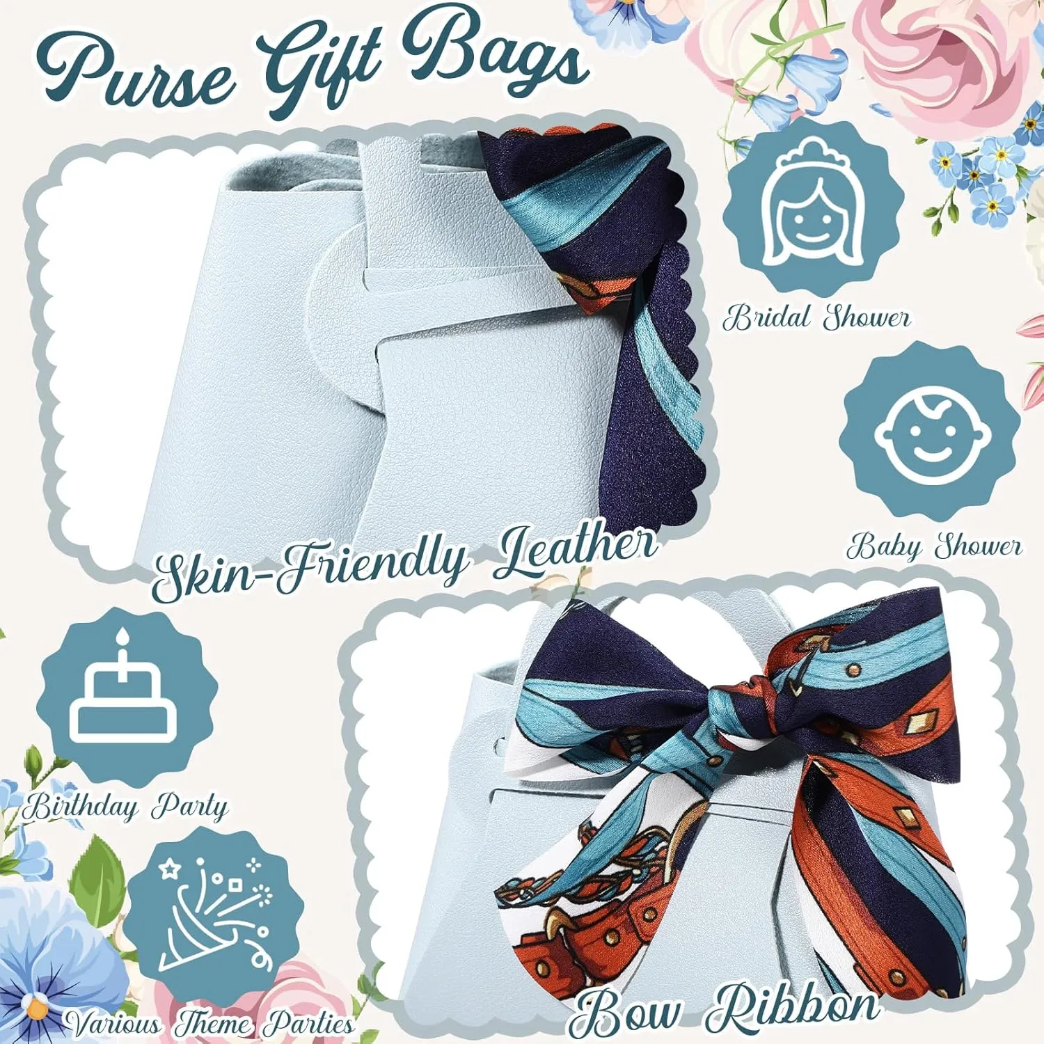 Abbylike 18 Pcs PU Leather Wedding Candy Bags with Ribbon Handle Purse Party Favor Bags for Wedding Baby Showers Birthday (Blue)