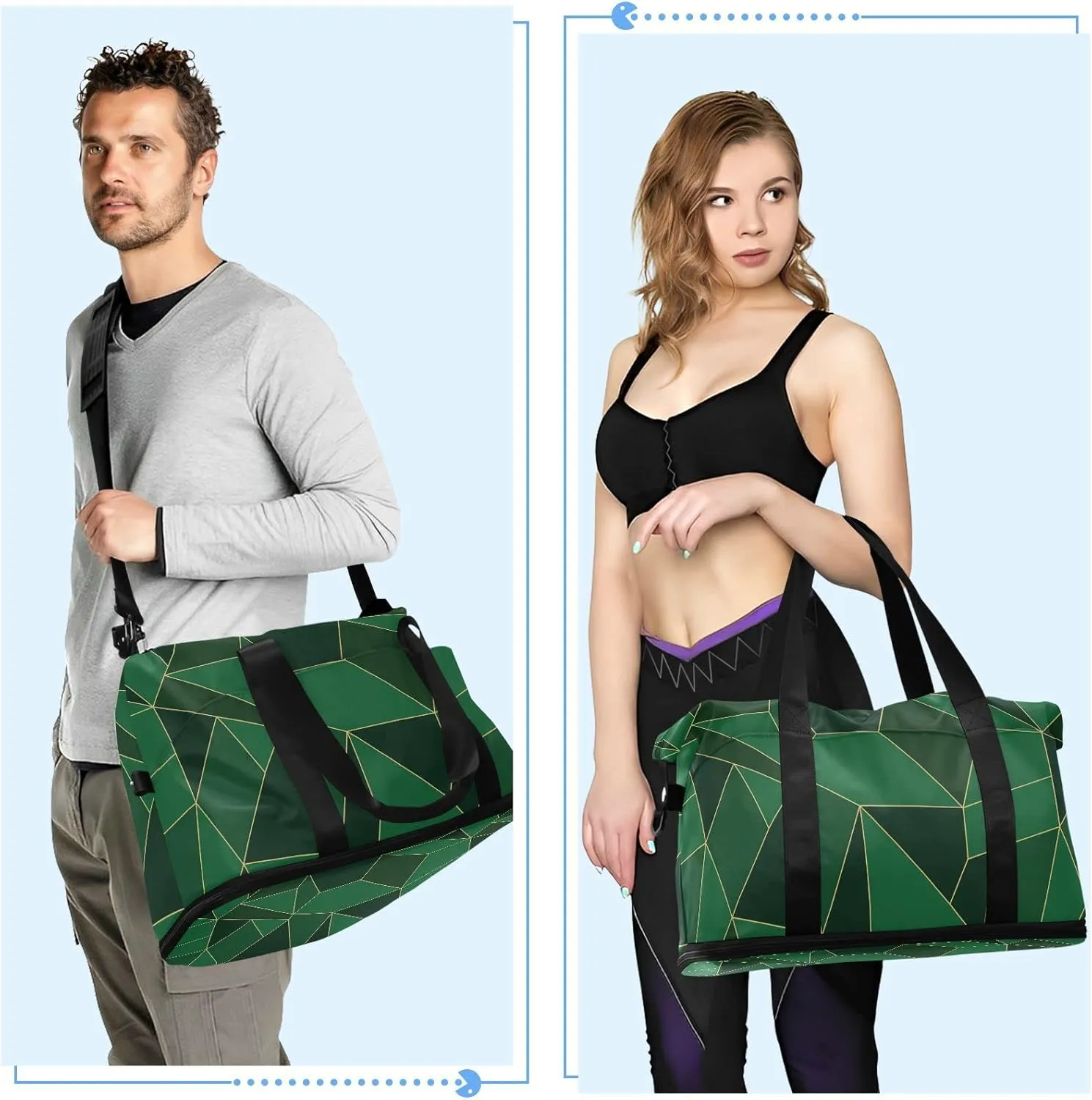 Abstract Seamless Emerald Geometric Green Crystal Polygonal Texture Gym Duffel Bag, Polyester Travel Weekender Luggage Handbag with Waterproof Pocket for Wet Items, Unisex Foldable Tote for Sports