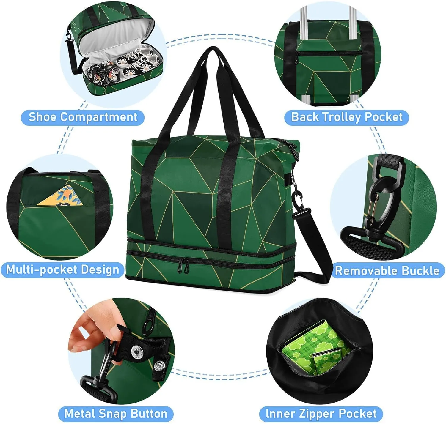 Abstract Seamless Emerald Geometric Green Crystal Polygonal Texture Gym Duffel Bag, Polyester Travel Weekender Luggage Handbag with Waterproof Pocket for Wet Items, Unisex Foldable Tote for Sports