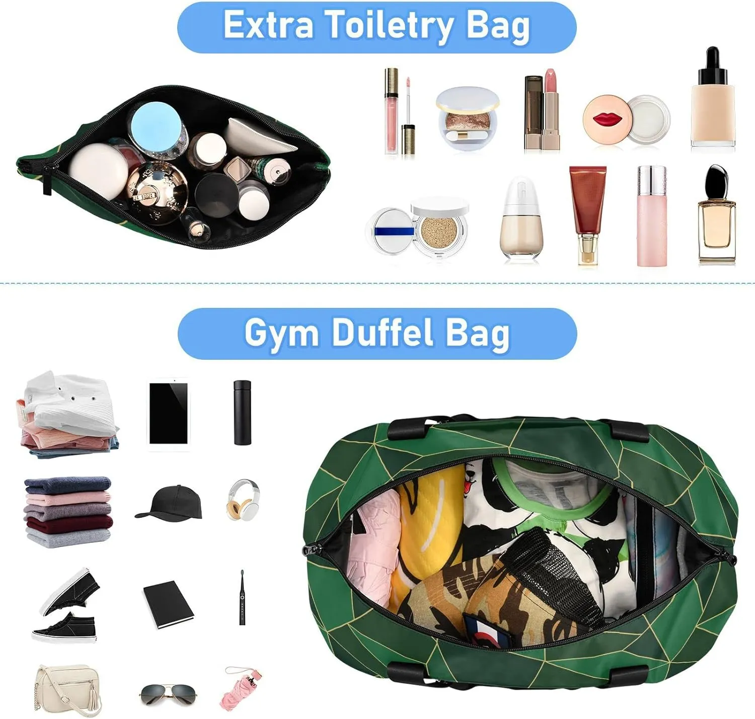 Abstract Seamless Emerald Geometric Green Crystal Polygonal Texture Gym Duffel Bag, Polyester Travel Weekender Luggage Handbag with Waterproof Pocket for Wet Items, Unisex Foldable Tote for Sports