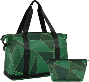 Abstract Seamless Emerald Geometric Green Crystal Polygonal Texture Gym Duffel Bag, Polyester Travel Weekender Luggage Handbag with Waterproof Pocket for Wet Items, Unisex Foldable Tote for Sports