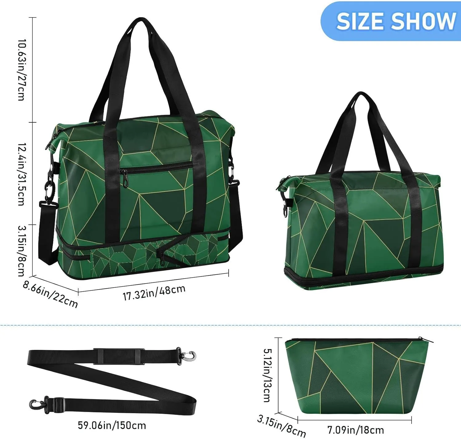 Abstract Seamless Emerald Geometric Green Crystal Polygonal Texture Gym Duffel Bag, Polyester Travel Weekender Luggage Handbag with Waterproof Pocket for Wet Items, Unisex Foldable Tote for Sports