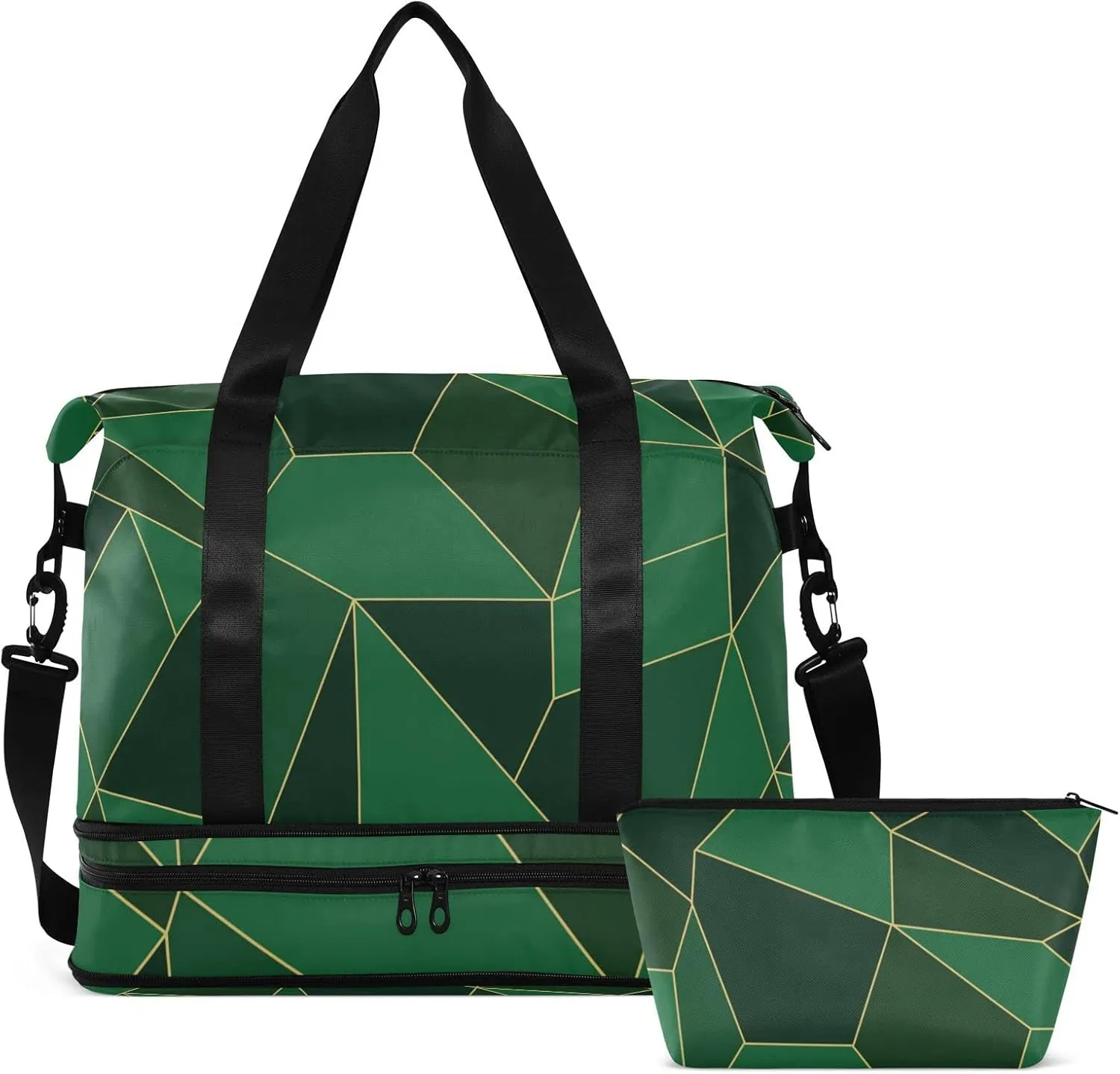 Abstract Seamless Emerald Geometric Green Crystal Polygonal Texture Gym Duffel Bag, Polyester Travel Weekender Luggage Handbag with Waterproof Pocket for Wet Items, Unisex Foldable Tote for Sports