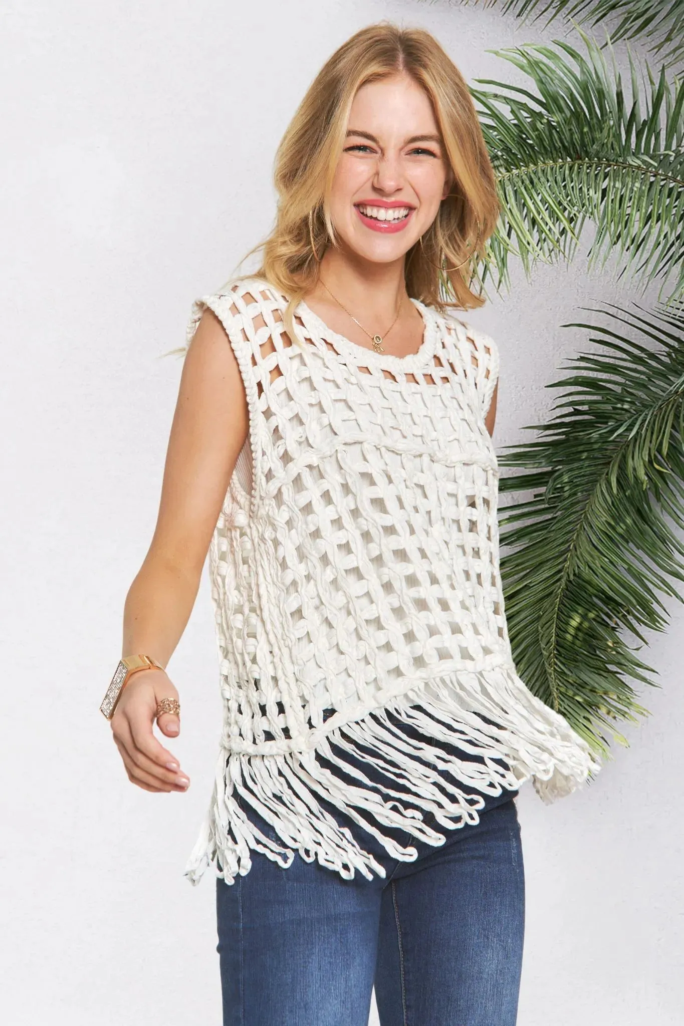 ADORA Fishnet Cover Up Top With Fringe Hem