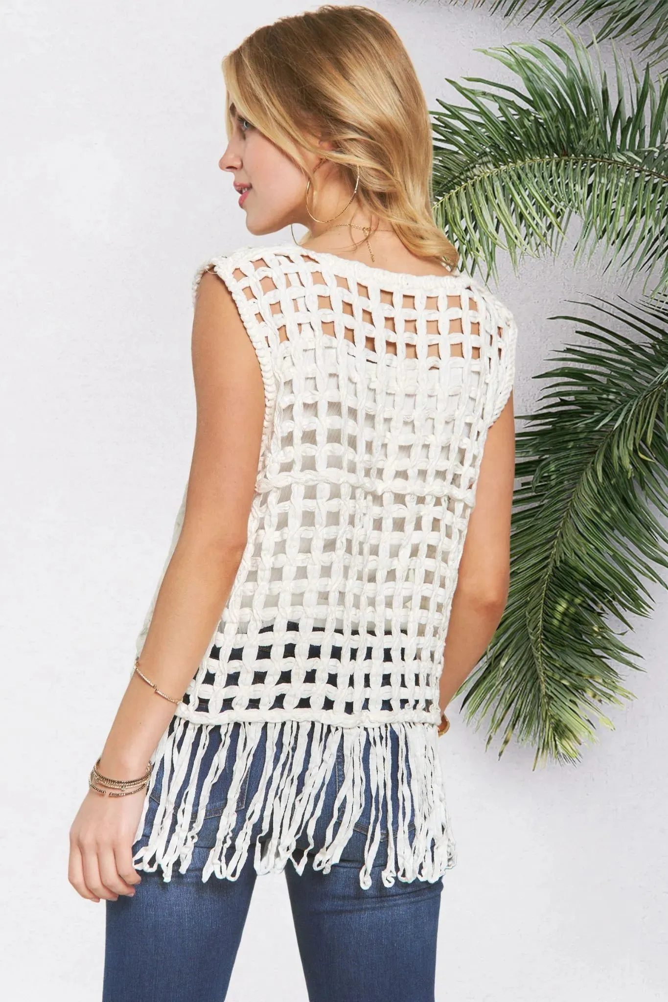 ADORA Fishnet Cover Up Top With Fringe Hem