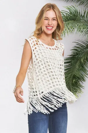 ADORA Fishnet Cover Up Top With Fringe Hem