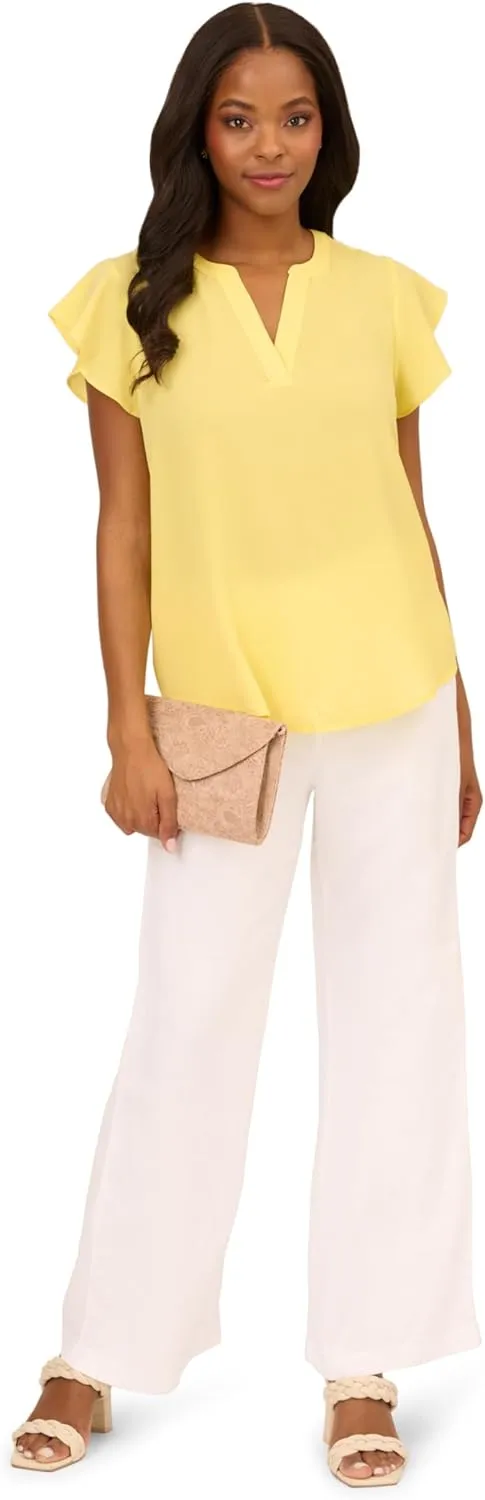 Adrianna Papell womens Solid Short Ruffle Sleeve Popover Blouse