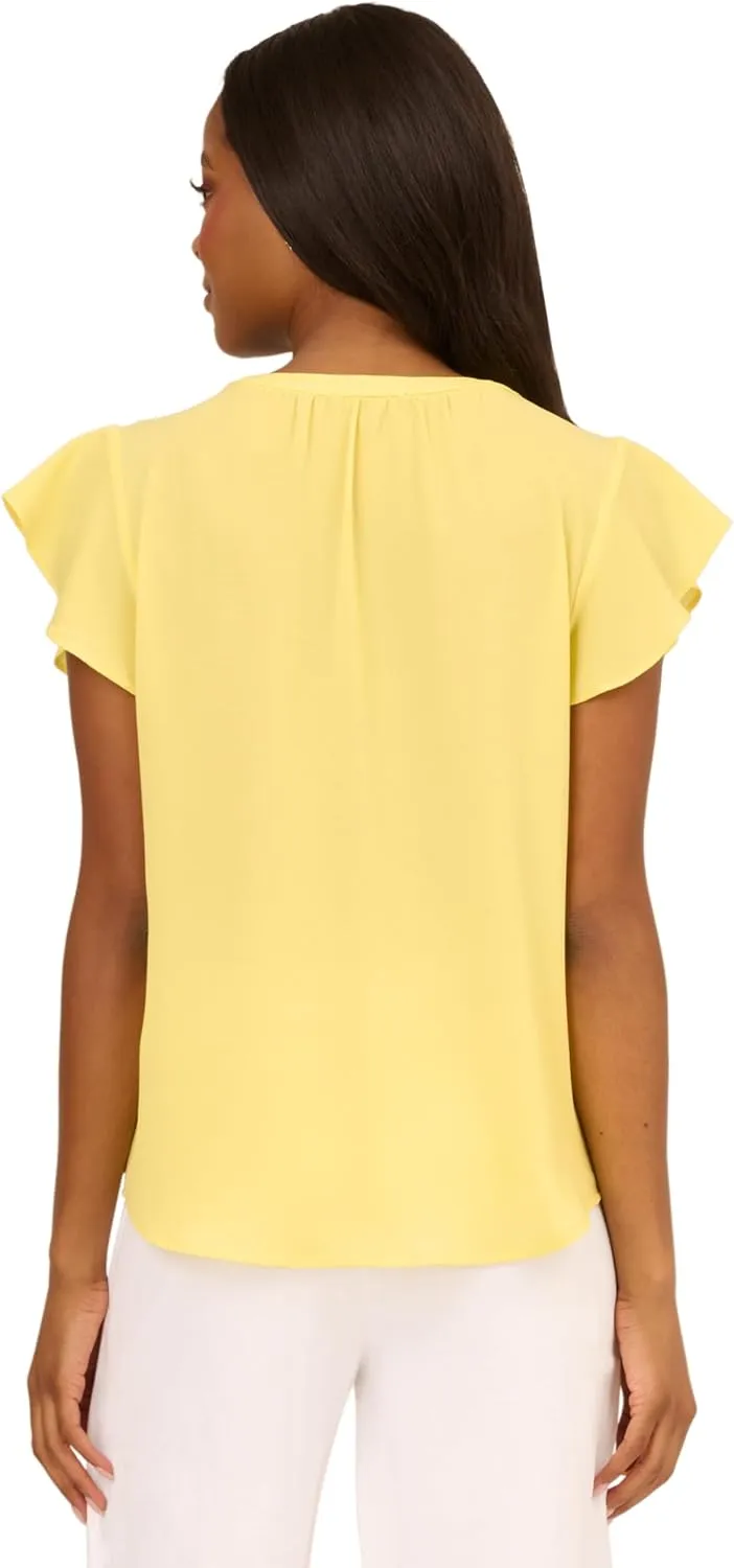 Adrianna Papell womens Solid Short Ruffle Sleeve Popover Blouse