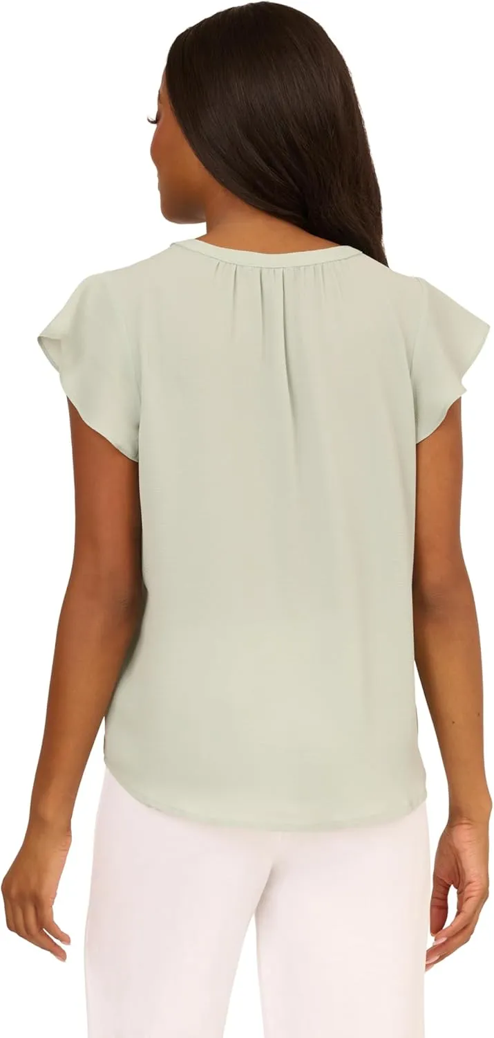 Adrianna Papell womens Solid Short Ruffle Sleeve Popover Blouse