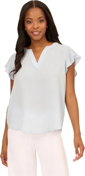 Adrianna Papell womens Solid Short Ruffle Sleeve Popover Blouse