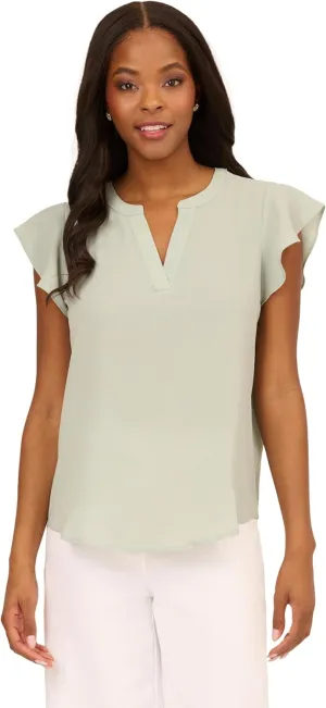 Adrianna Papell womens Solid Short Ruffle Sleeve Popover Blouse