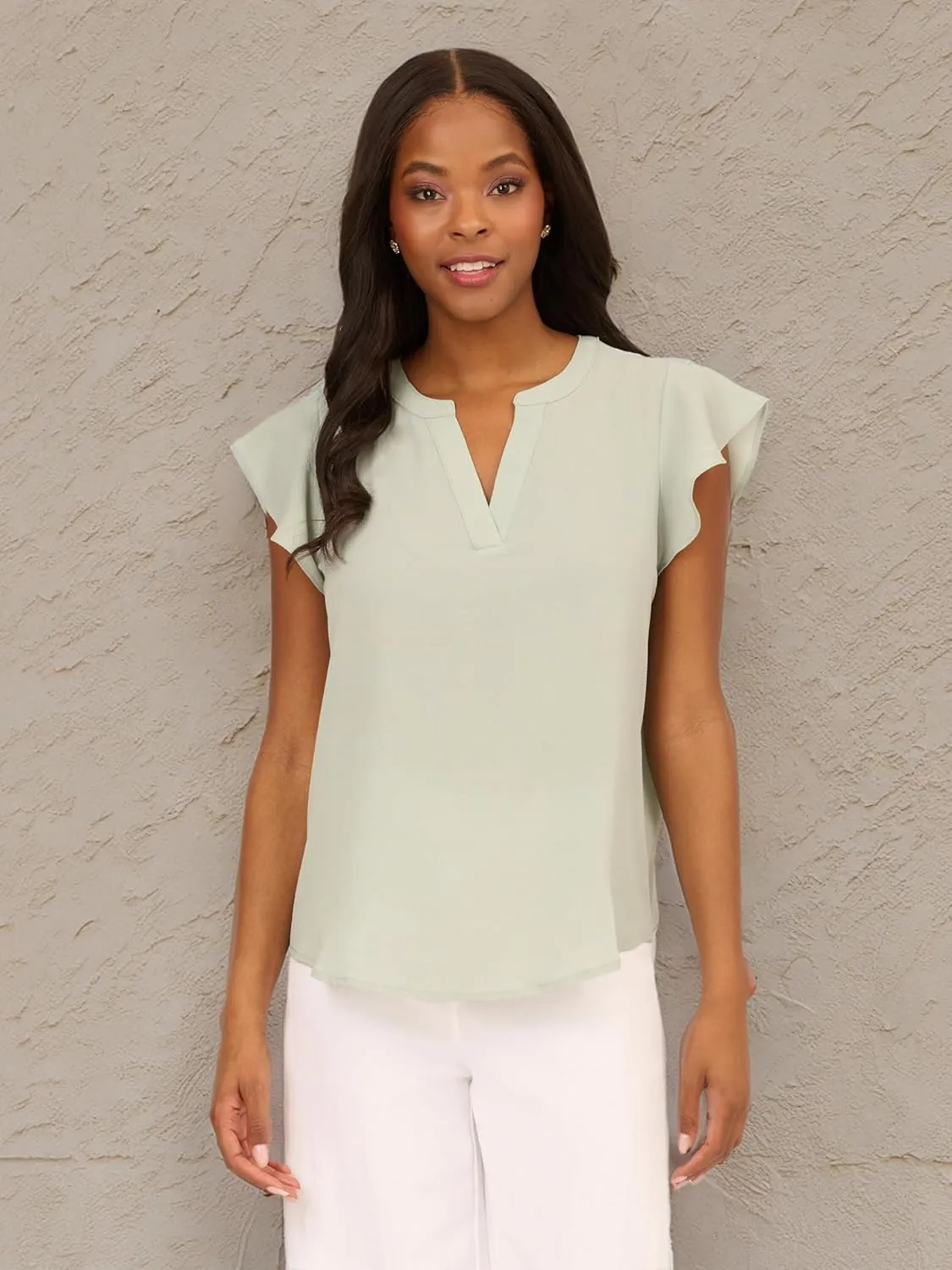 Adrianna Papell womens Solid Short Ruffle Sleeve Popover Blouse