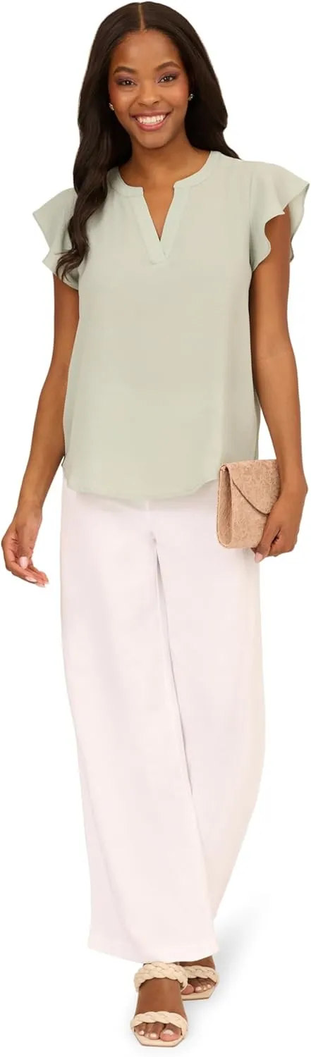Adrianna Papell womens Solid Short Ruffle Sleeve Popover Blouse
