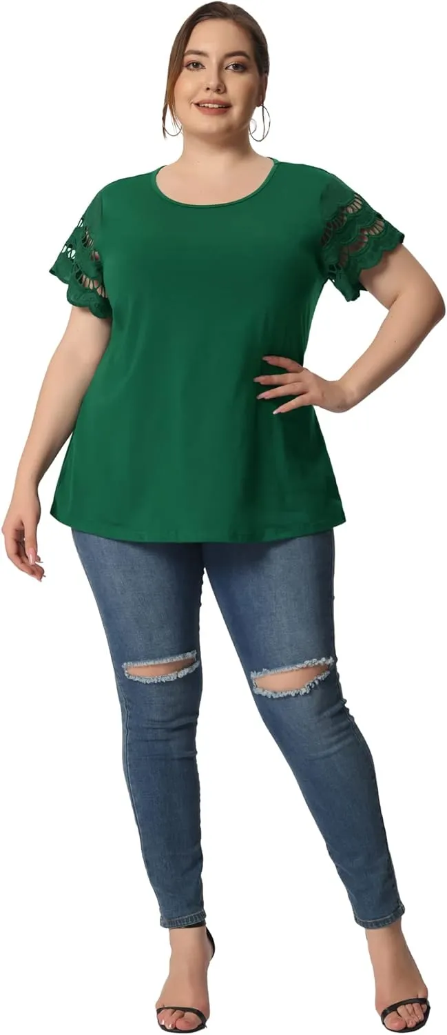 Agnes Orinda Plus Size Women's Tops Round Neck Lace Panel Hollow Short Sleeve Elegant Summer Blouses