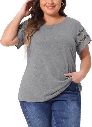 Agnes Orinda Plus Size Women's Tops Round Neck Lace Panel Hollow Short Sleeve Elegant Summer Blouses