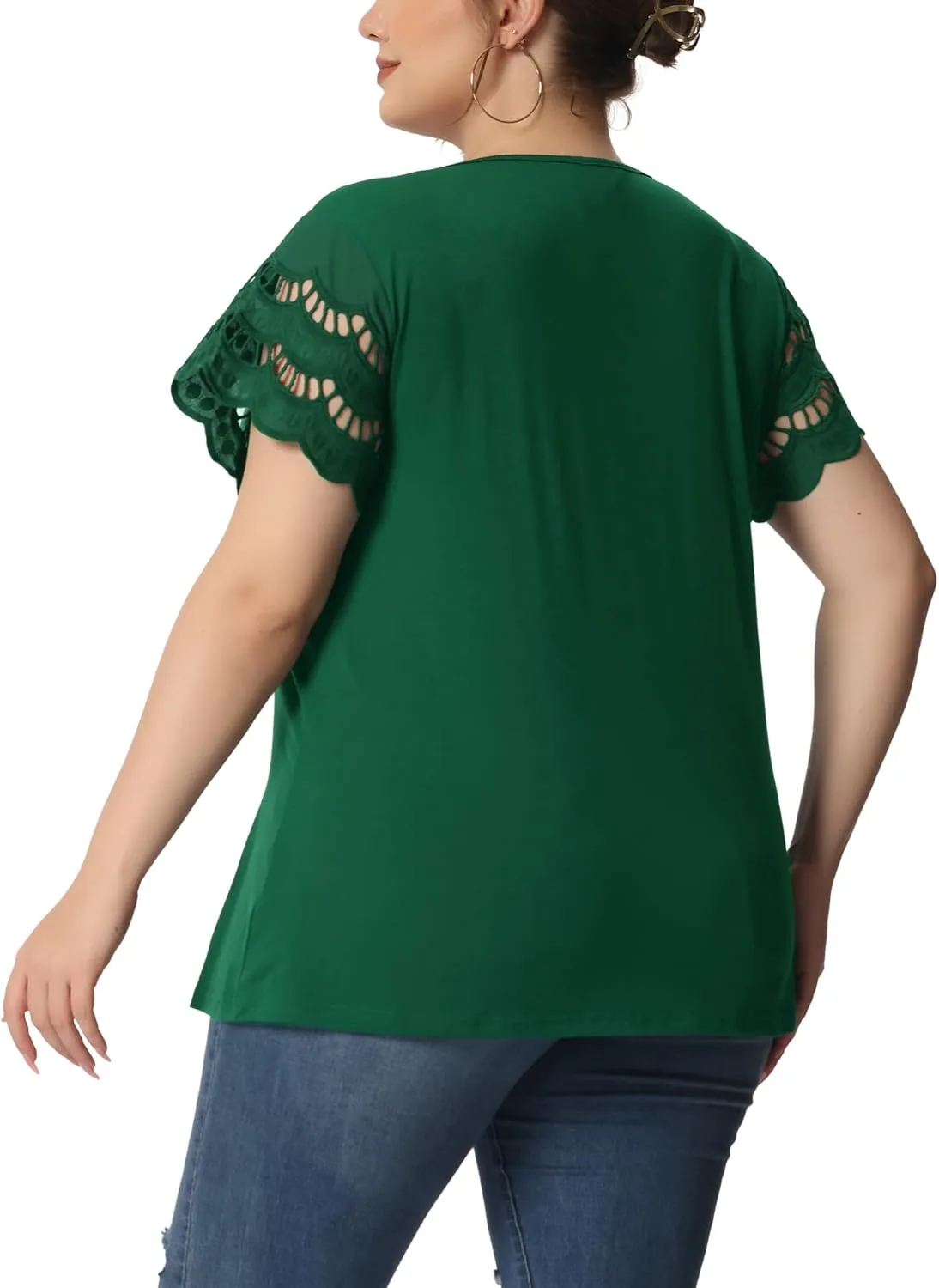 Agnes Orinda Plus Size Women's Tops Round Neck Lace Panel Hollow Short Sleeve Elegant Summer Blouses