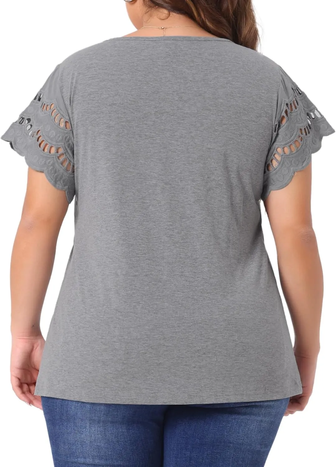 Agnes Orinda Plus Size Women's Tops Round Neck Lace Panel Hollow Short Sleeve Elegant Summer Blouses