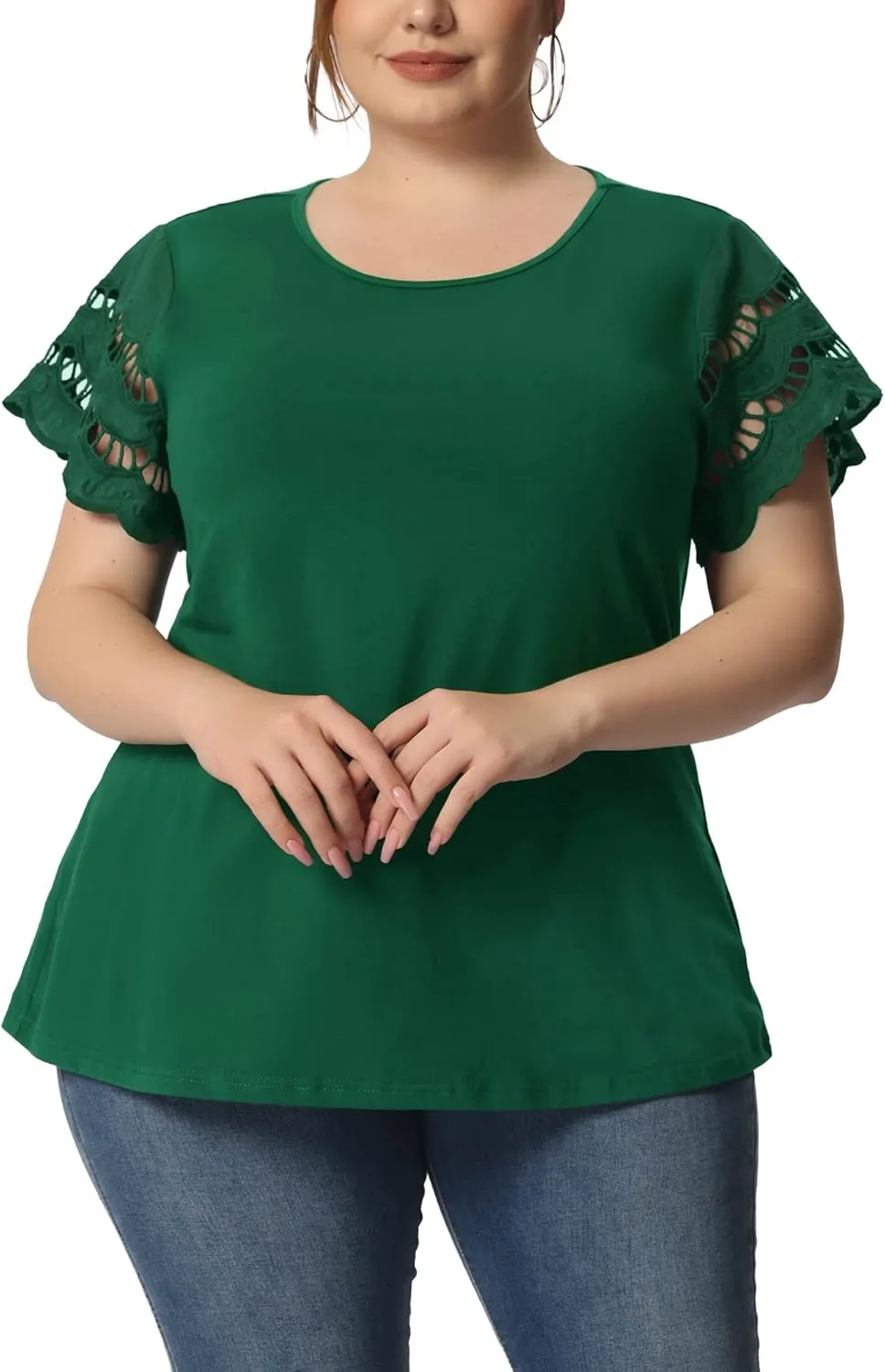 Agnes Orinda Plus Size Women's Tops Round Neck Lace Panel Hollow Short Sleeve Elegant Summer Blouses